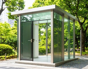 Transparent glass design public toilet installed in the park/公園に設置された透明ガラスのデザイン公衆トイレ