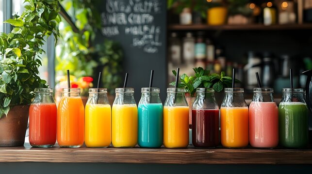 A vibrant array of colorful fruit and vegetable smoothies in glass bottles stand on a wooden counter inside a bright and healthy juice bar setting for refreshment.
