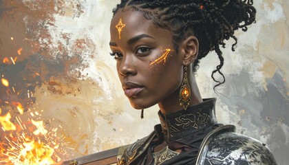 Fantasy-inspired portrait of a warrior with glowing tattoos, fire and light effects enhancing mood