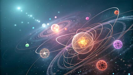 Obraz premium Glowing Quantum Dots Abstract Background with Orbits and Celestial Bodies in Teal Orange Pink and Purple Hues