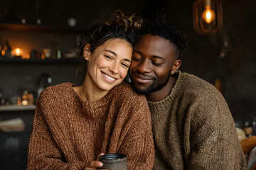 Smiling young asian woman in sweater hugging african american boyfriend holding coffee at home