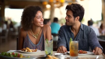 A cheerful couple enjoying lunch together in soft lighting - Powered by Adobe