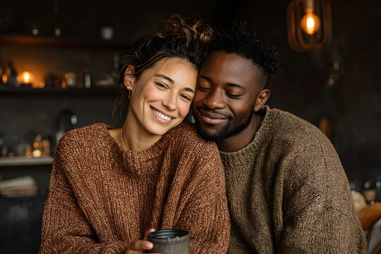 Smiling young asian woman in sweater hugging african american boyfriend holding coffee at home
