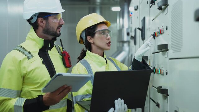 Construction Manager Oversees HVAC Inspection A site manager in a hard hat observes as a foreman performs a detailed inspection of the industrial cooling equipment. 