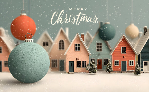 Christmas poster and greeting cards in retro style. Christmas balls in pastel colors, winter landscape and cosy houses. merry christmas illustration
