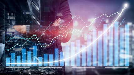A businessman stands confidently in a suit amidst urban night scenery, with overlaid financial graphs, symbolizing growth, success, and decision-making in business. Copula - Powered by Adobe