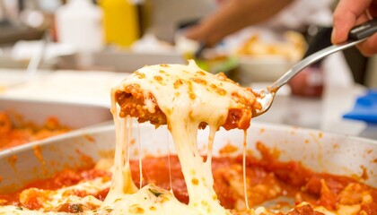 Close-up of Delicious Lasagna Being Served with Melted Cheese Pull