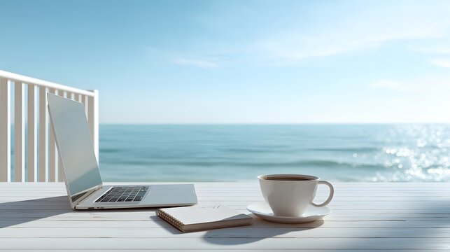 Laptop coffee and notebook on a white wooden table with a sea view under a clear blue sky background