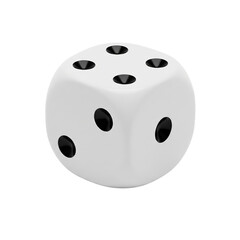 A single white game die with black pips, used for board games, gambling, and generating random numbers or outcomes.