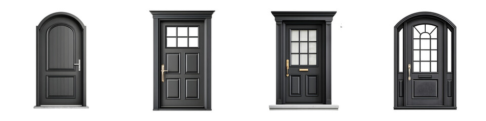 Obraz premium Four Dark Wooden Front Doors with Arched and Rectangular Designs