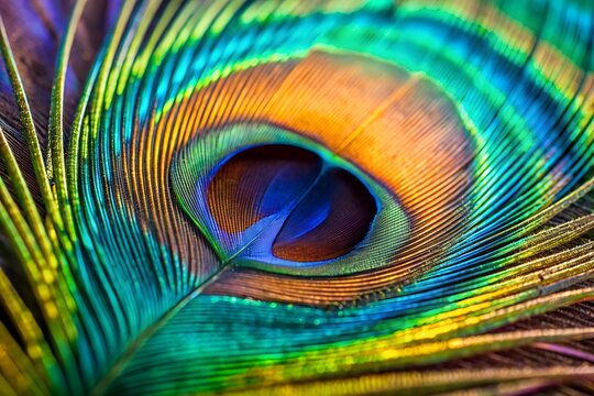Photo of closeup of a vibrant and iridescent peacock feather eye pattern