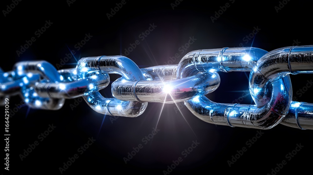 Poster shiny metallic chain with illuminated links against a dark background