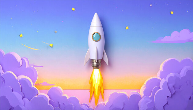 White rocket launching through purple clouds at sunset