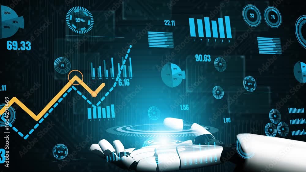 Aufkleber a futuristic robot hand interacts with stunning data visualizations and graphs, showcasing the inter