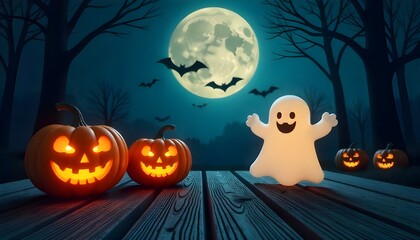 A spooky Halloween night scene: Glowing jack-o'-lanterns and a translucent ghost on weathered wood planks, silhouetted bats against a full moon, dark forest backdrop, eerie 3D illustration.