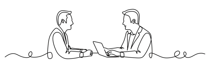 Continuous line art of two men in business suits working in front of a laptop and discussing their work. Vector illustration