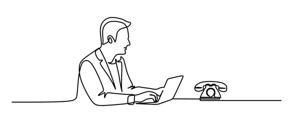 continuous line art of a man in a business suit working in front of a laptop. there is a telephone in front of him