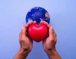 Hands holding a red heart in front of a globe on a light blue surface, symbolizing love and care for the planet, conveying a message of hope and sustainability.
