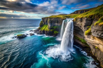 Fototapeta premium Photo of a waterfall cascading from a cliff into the ocean in Iceland