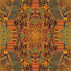 Seamless Pattern, Vibrant kaleidoscopic pattern featuring floral mandalas and geometric striped elements Stock royalty free  image.