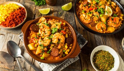 A flavorful, colorful, and hearty stew, featuring shrimp, sausage, vegetables, and grains, is presented in rustic bowls on a wooden table, alongside spices and seasonings.