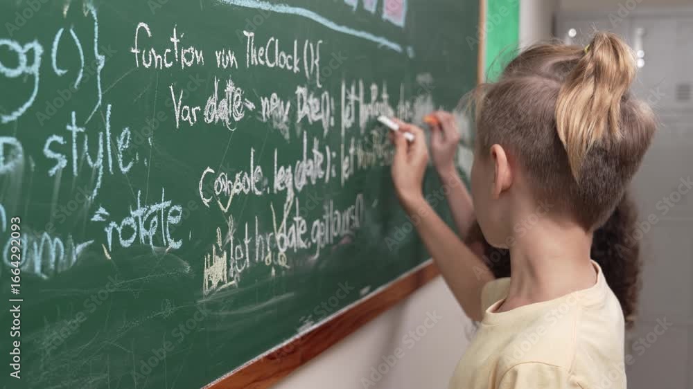Poster diverse student studying coding engineering prompt while writing answer on blackboard. intelligence 