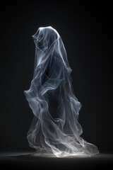 Ethereal Figure: Translucent Fabric on Black Background, Abstract Form