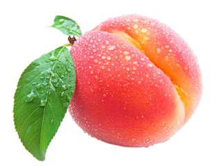 Fresh Peach with Dew Drops and Green Leaf on Transparent Background