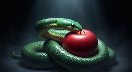 Conceptual image of a beautiful emerald snake coiled around a forbidden fruit, cinematic lighting, dark atmospheric background, symbolic
