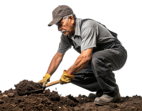 Elderly farmer working hard with a hoe, symbolizing agriculture, perseverance and connection to the land.