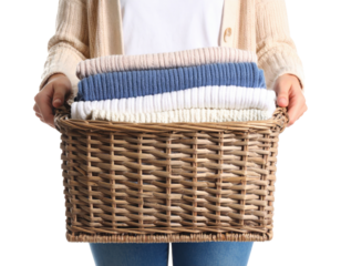 Woman holding a wicker basket filled with neatly folded towels, symbolizing cleanliness, home comfort, and organization.