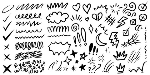 Set of hand-drawn doodle elements in a black ink style. Big collection of sketchy scribbles, arrows, hearts, and comic symbols.
