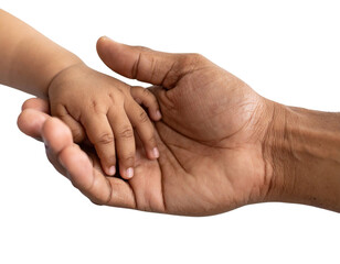 Adult and child hands touching in protective gesture symbolizing care, support, family bond and intergenerational connection on transparent background