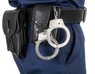 Police officer duty belt with handcuffs, holster and equipment on blue uniform on transparent background
