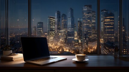 Laptop and coffee cup on desk with city skyline view at night through large window in modern workspace