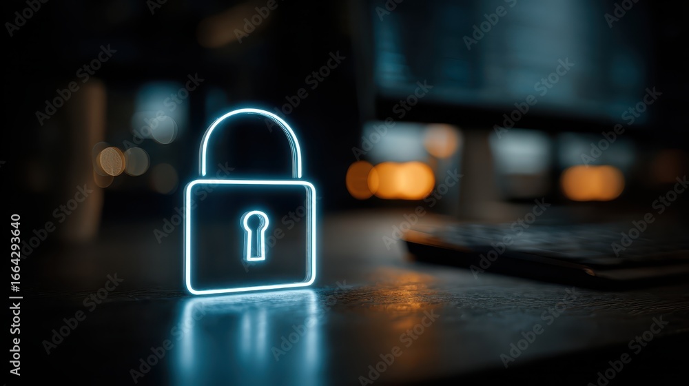 Poster digital security icon for remote access with glowing lock above modern desk environment at night