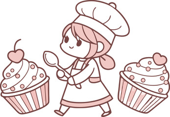 Adorable chibi anime girl joyfully baking sweet cupcakes in a cute kawaii style silhouette