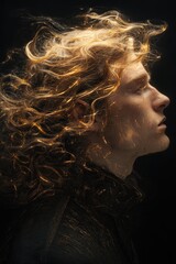 Ethereal Profile: Man with Flowing Golden Light Hair on Black