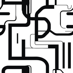Continuous bold line art, geometric rectangular and rounded paths, abstract modern wallpaper, strong black strokes on white backgroun 1.