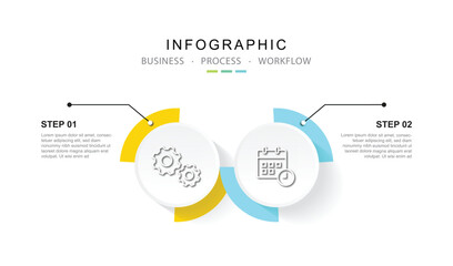 Vector Infographic label design template. process diagram with icons and 2 options or steps.
