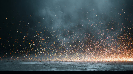 sparks and smoke on an empty concrete floor, set against a dark background. 