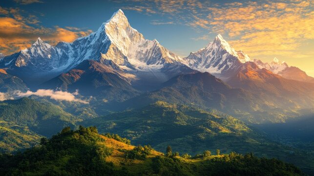 towering snow-capped mountains with lush green valleys below, a golden sunrise casting a warm glow over the peaks. The background is softly blurred