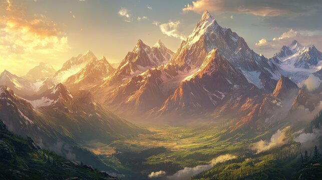 towering snow-capped mountains with lush green valleys below, a golden sunrise casting a warm glow over the peaks. The background is softly blurred