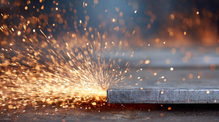 Close-up of sparks from an electric welding machine illuminating the scene as steel is cut, capturing the intensity of industrial work.