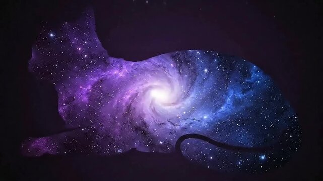 Cosmic galaxy cat silhouette filled with stars and nebula on dark background