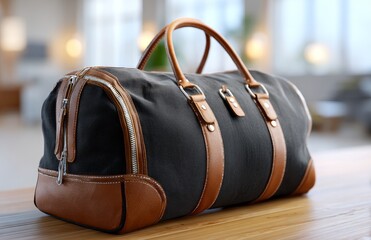 A stylish duffel bag featuring leather accents is placed on a wooden surface, showcasing its elegant design and functional structure.