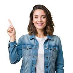 Portrait of a happy young caucasian woman with a beautiful smile, pointing her index finger upwards to advertise a product or present an idea, isolated on a white background