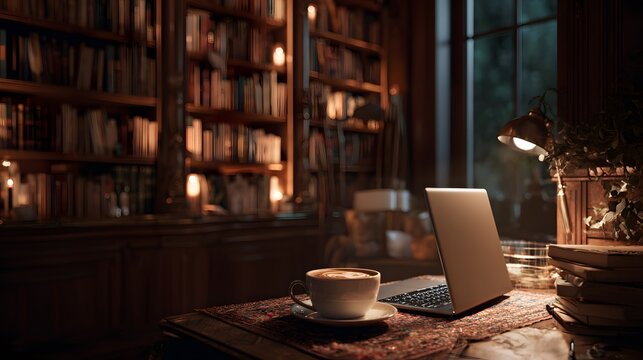 A laptop and coffee on a desk in a library with bookshelves and a lamp providing warm lighting