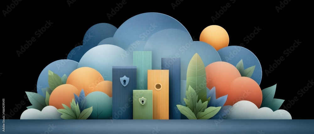 Poster secure remote access cybersecurity training illustration with abstract shapes and colors