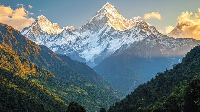 A breathtaking view of towering snow-capped mountains  on blurred background